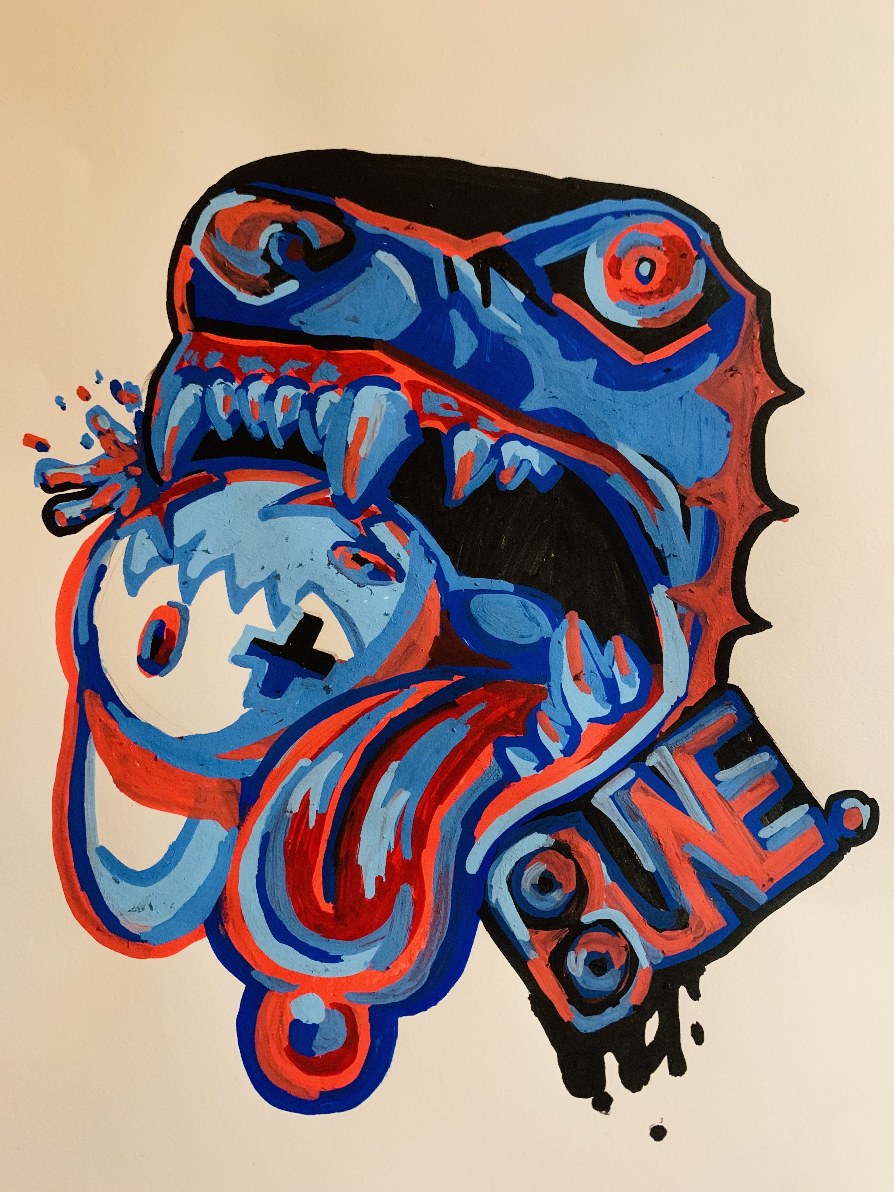 A red and blue painting done with paint pens, done in 2020.
