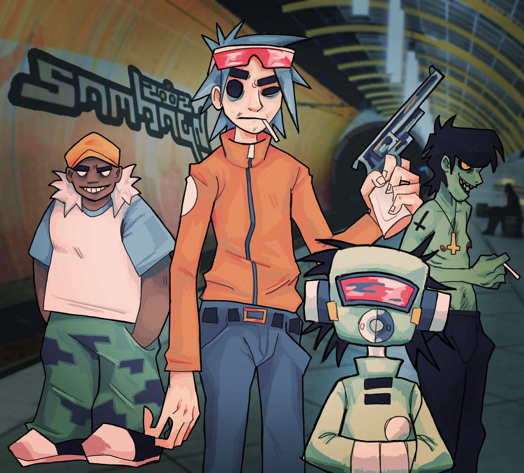 A digital painting of the band 'Gorillaz', done in 2021.