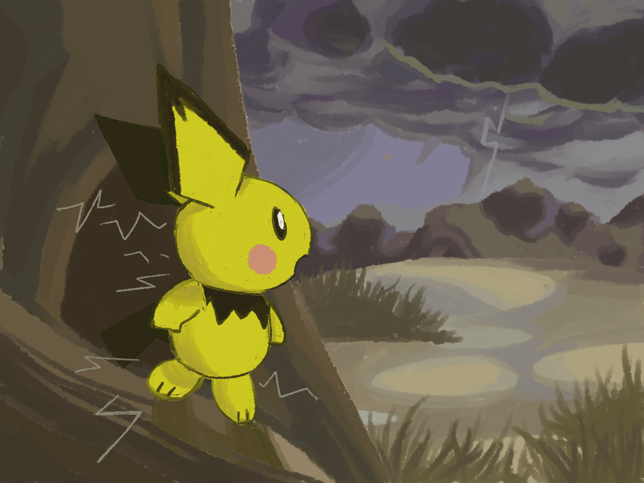 A digital painting of the pokemon pichu done in 2019. Inspired by art by pokemon card artist Naoyo Kimura.