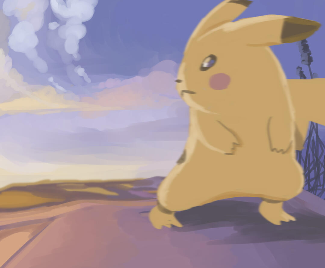 A digital painting of the pokemon pikachu done in 2020. Inspired by art by pokemon card artist Mitsuhiro Arita.