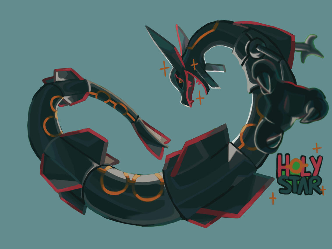 A digital painting of the pokemon rayquaza done in 2020. Inspired by art by pokemon card artist Masakazu Fukuda.