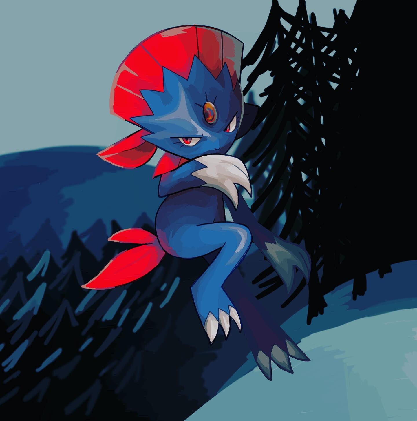 A digital painting done as a commission for a friend of the pokemon weavile, done in 2021.