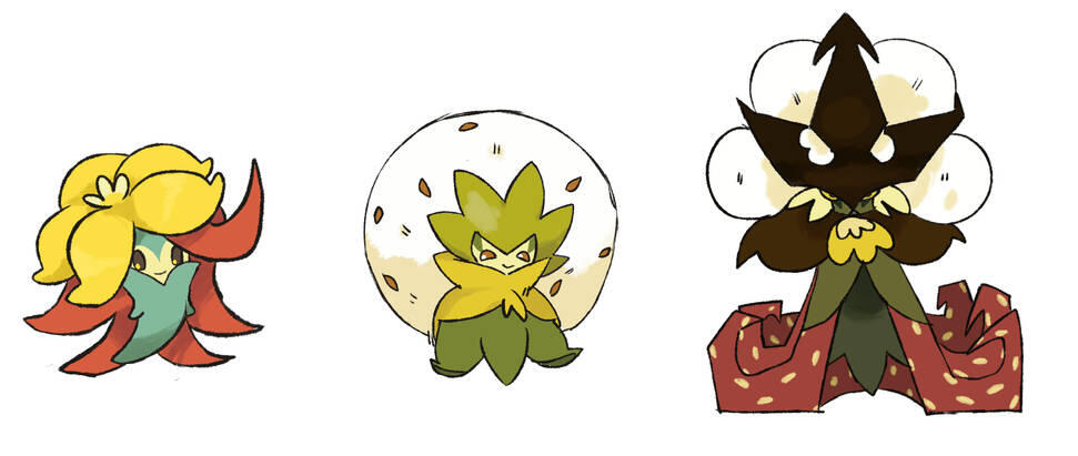 I created these designs before the real evolution of the pokemon Eldegoss was revealed. I expanded its cotton theme into the final point of cotton's life cycle, done in 2018.