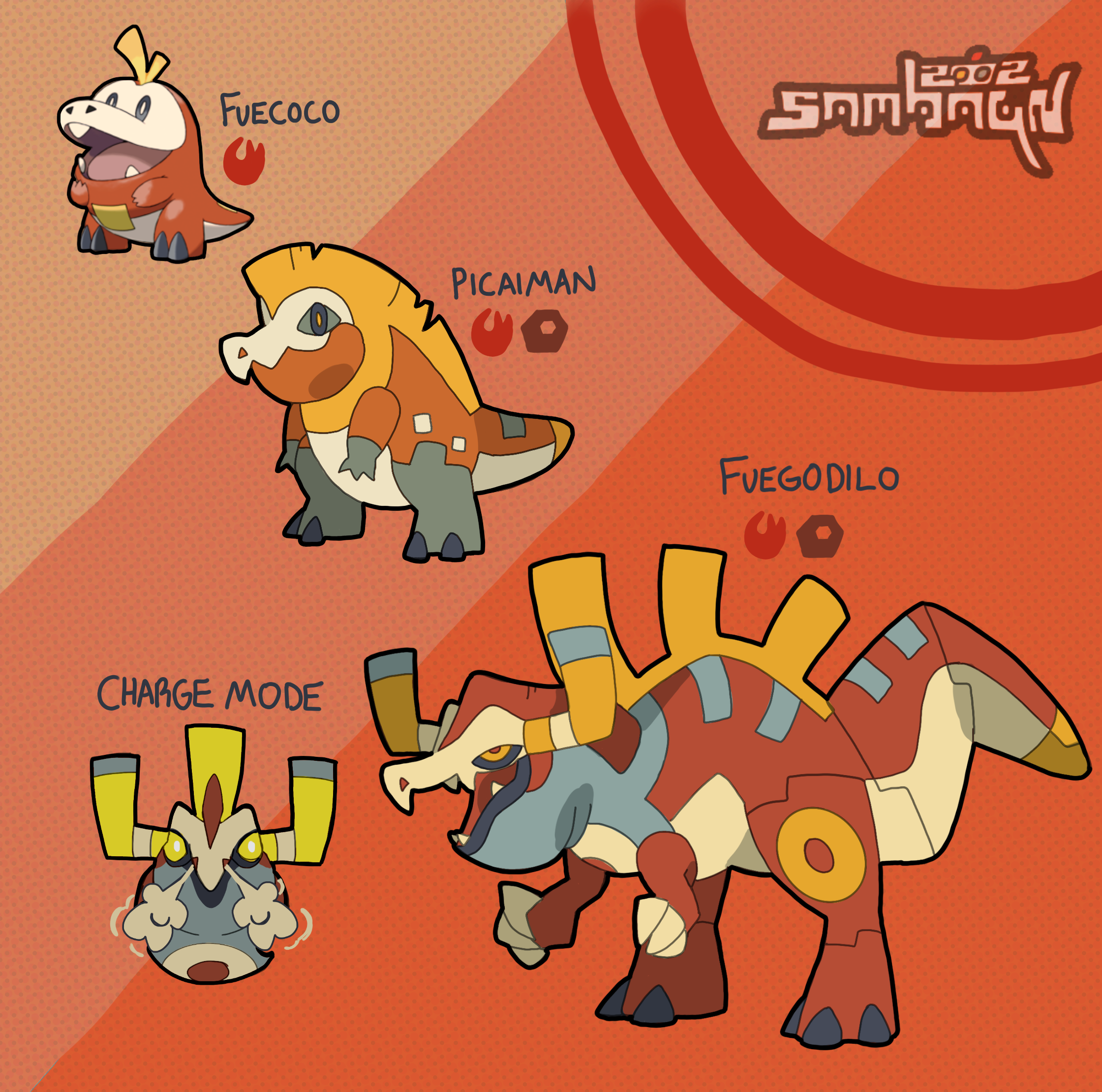 I created these designs before the real evolutions of the pokemon Fuecoco were revealed. I expanded its fire-type motif into a fire/ground or steel dinosaur/bull/segmented dinosaur toy thing. Done in 2022.