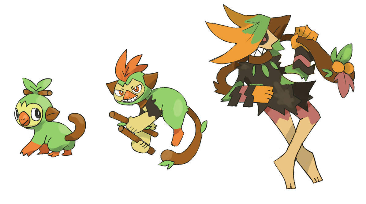I created these designs before the real evolutions of the pokemon Grookey were revealed. I expanded its wooden drumstick motif into a dark/grass type rocker/witch doctor. Done in 2018.