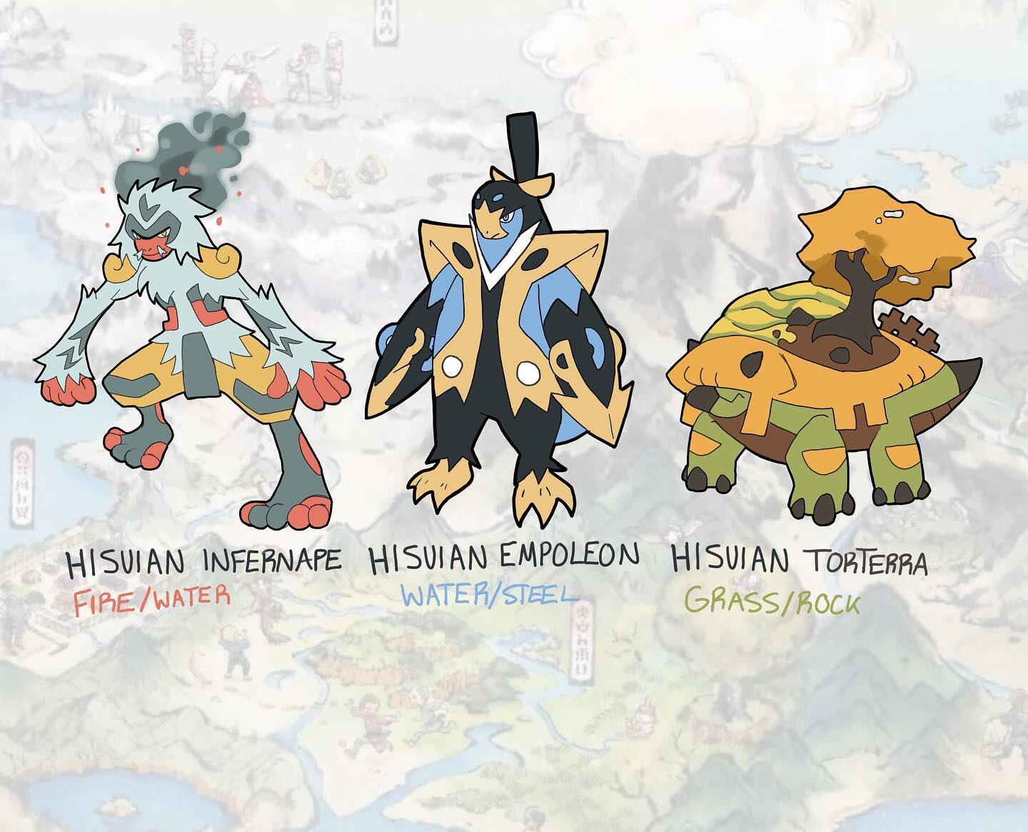 This is my idea for regional variants of the original sinnoh pokemon starters in a more ancient setting. Infernape is based on japanese macaques, Empoleon on emperor meiji, and Torterra on gingko trees, traditional japanese farmers and terraced rice farms. Done in 2022.