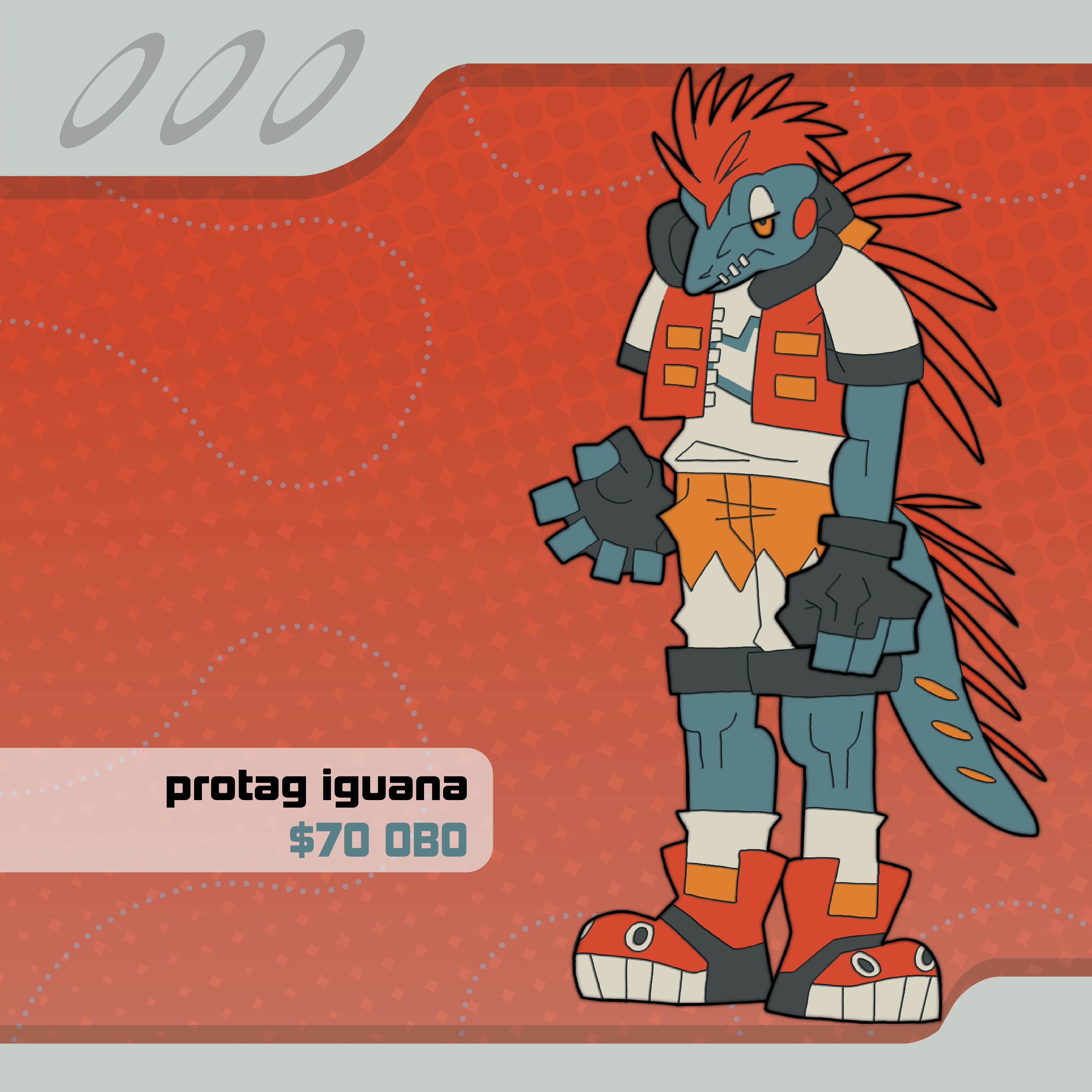 A character design based on an iguana and 90s anime protagonists that I made to sell.