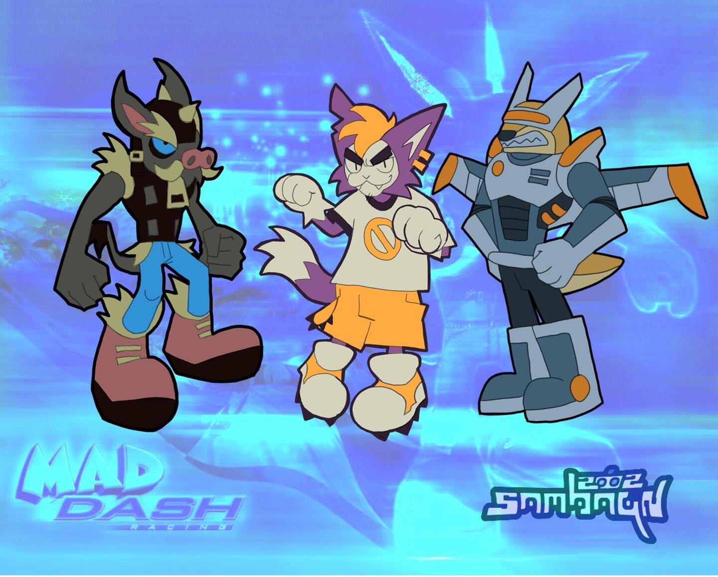 Redesigns of the main trio of characters from the 2001 xbox launch title, 'Mad Dash Racing'. I love the game, but felt that the main issue with the original character designs was lack of unification, which I attempted to aid. Done in 2022.