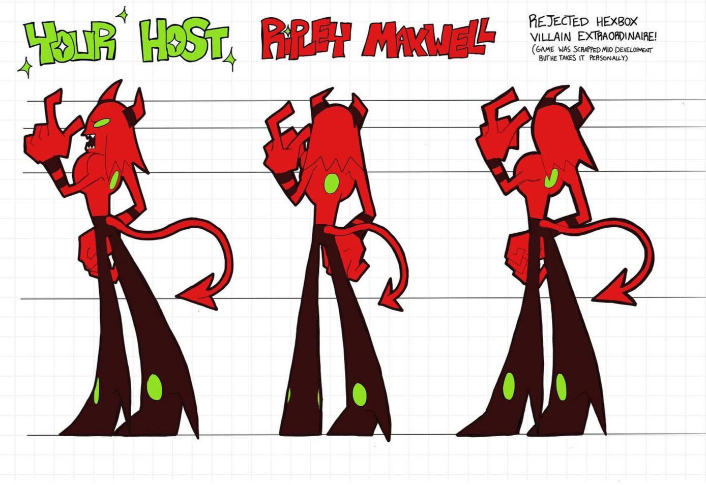 This was my first time doing a turnaround for an asymmetrical design! This was both very fun and very challenging. Ripley takes a lot of inspiration from characters like HIM from powerpuff girls, and beezlebot from futurama. Done in 2021. [Back]