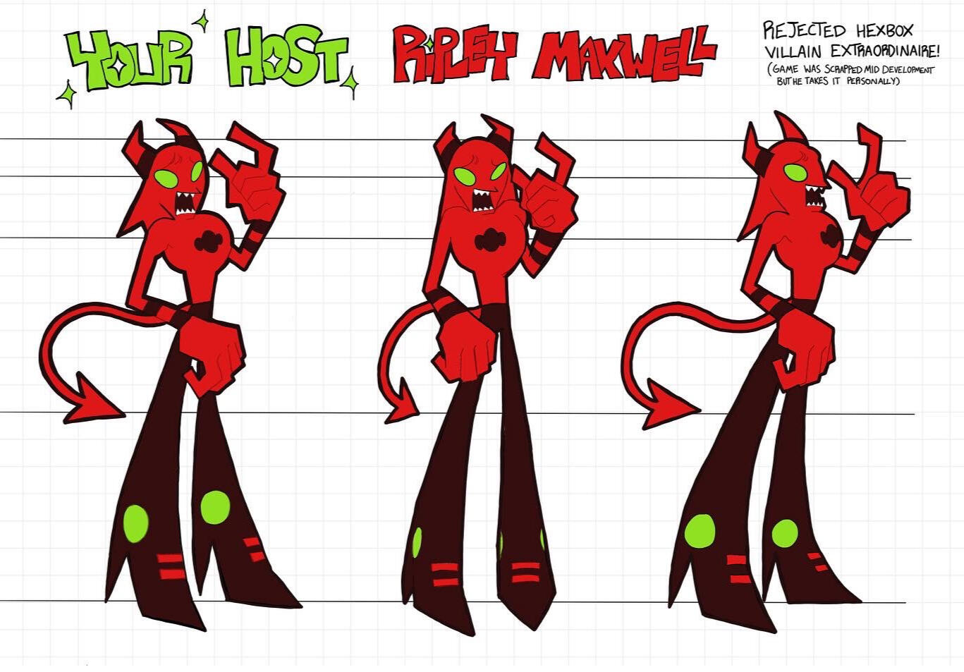 This was my first time doing a turnaround for an asymmetrical design! This was both very fun and very challenging. Ripley takes a lot of inspiration from characters like HIM from powerpuff girls, and beezlebot from futurama. Done in 2021. [Front]