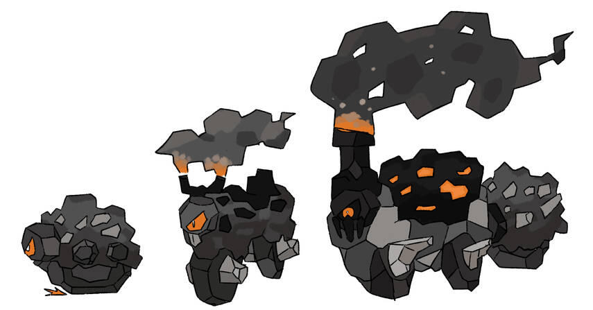 I created these designs before the real evolutions of the pokemon Rolycoly were revealed. I saw potential in Rolycoly to evolve into a train with deactivated Rolycoly acting as cabooses. I fused this idea with motorcycle motifs and burning its own coal to run. Done in 2018.
