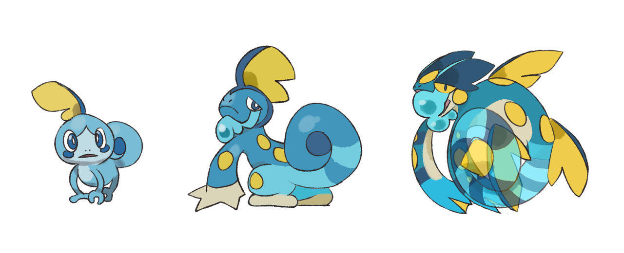 I created these designs before the real evolutions of the pokemon Sobble were revealed. I expanded its water-type lizard motif into a defensive bearded dragon or chameleon. Done in 2018.
