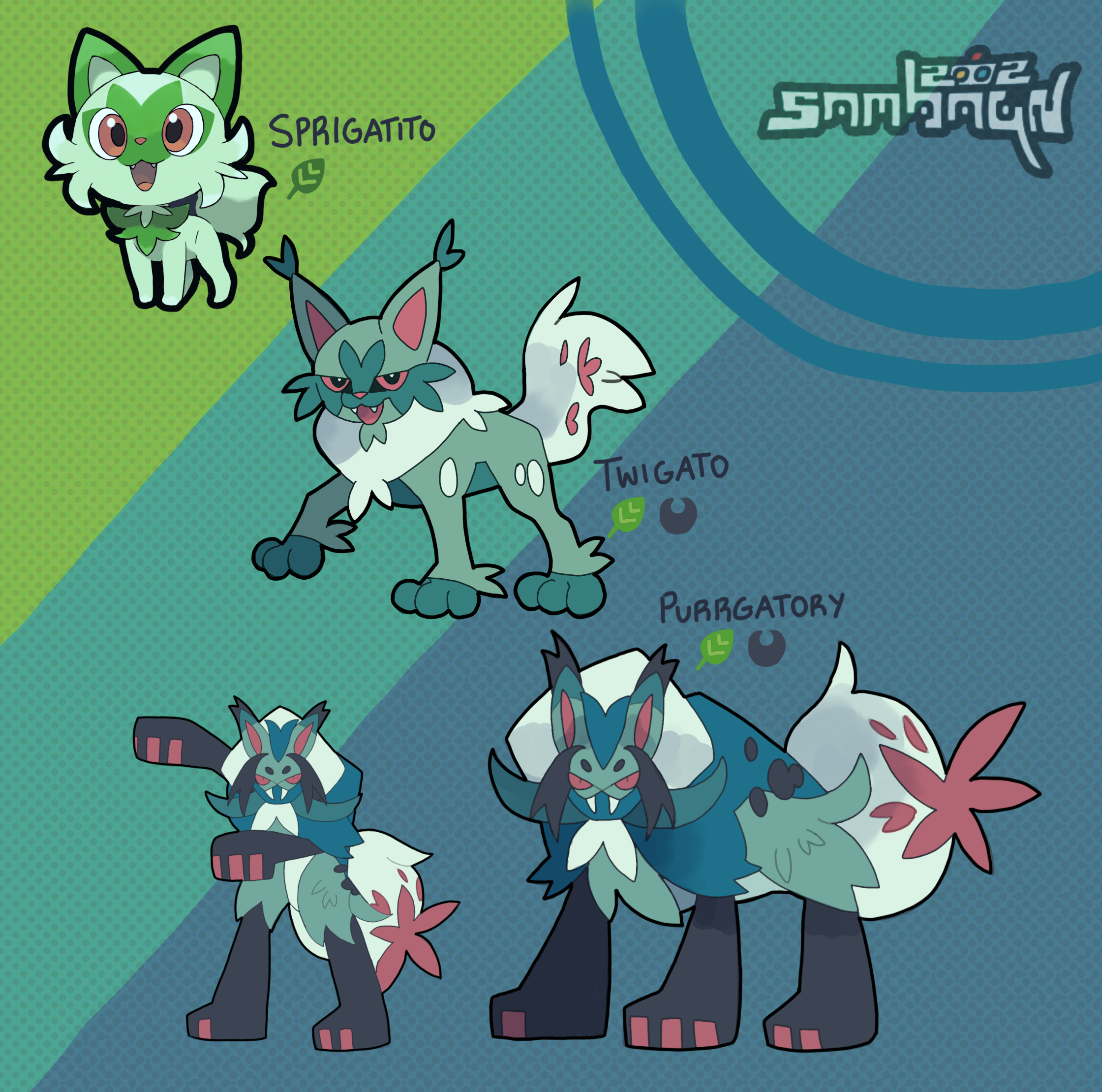 I created these designs before the real evolutions of the pokemon Sprigatito were revealed. I expanded its grass-type cat motif into a grass/dark Iberian lynx. Done in 2022.