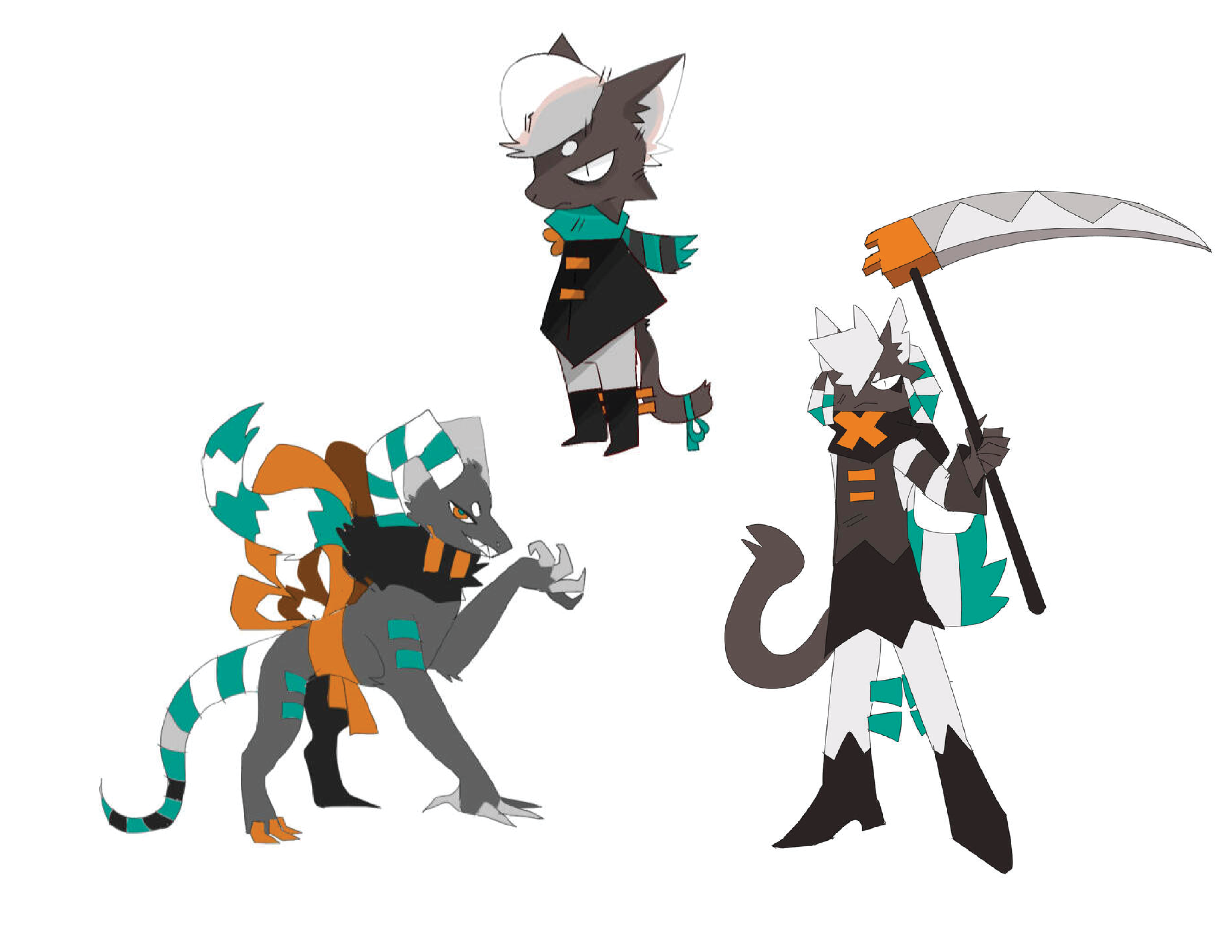 Designs for a scrapped small story,the cat design is a harvest grim reaper. Done in 2018.