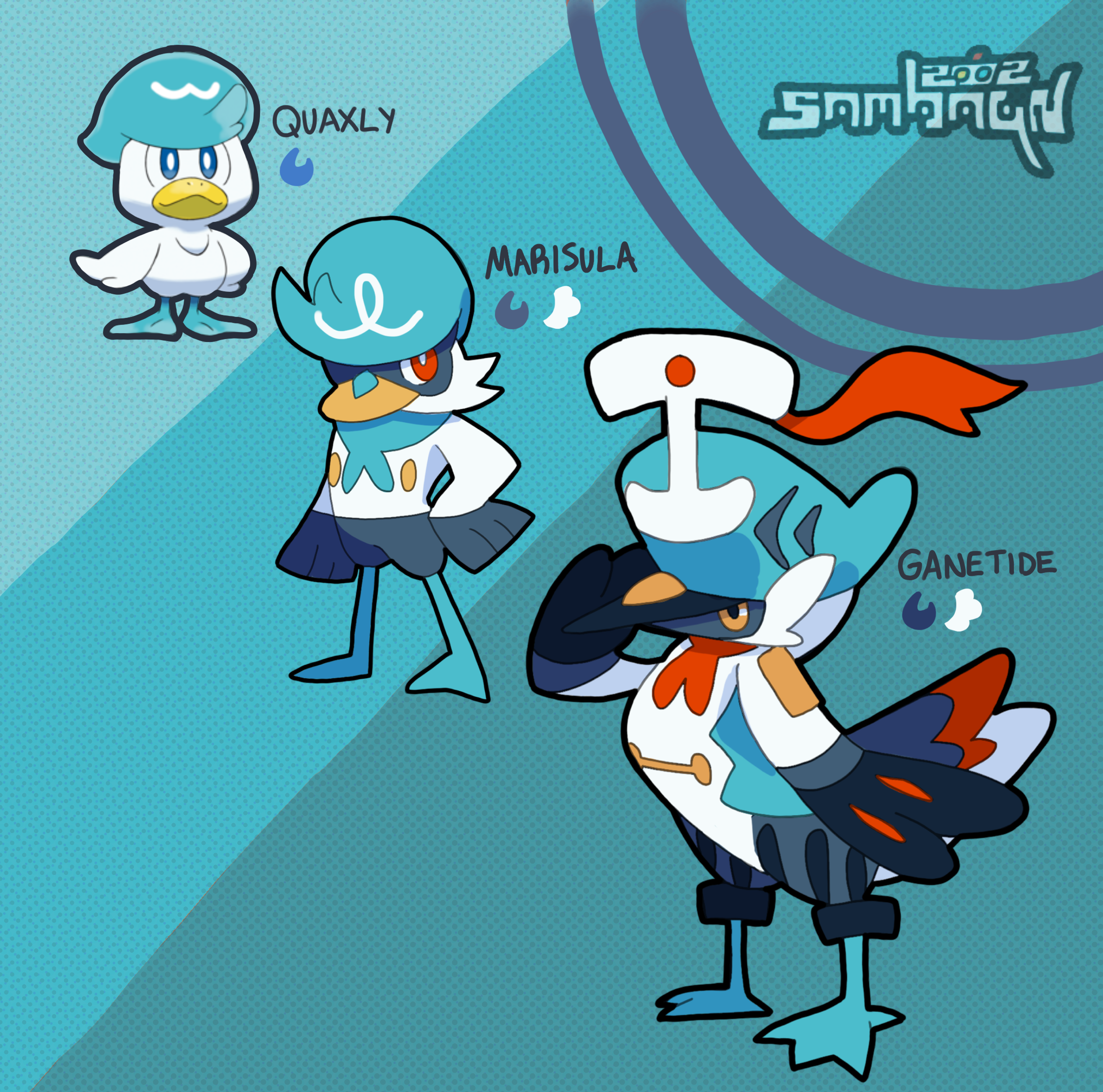 I created these designs before the real evolutions of the pokemon Quaxley were revealed. I expanded its water-type duck motif into a water/flying sula/ganet sailor. Done in 2022.