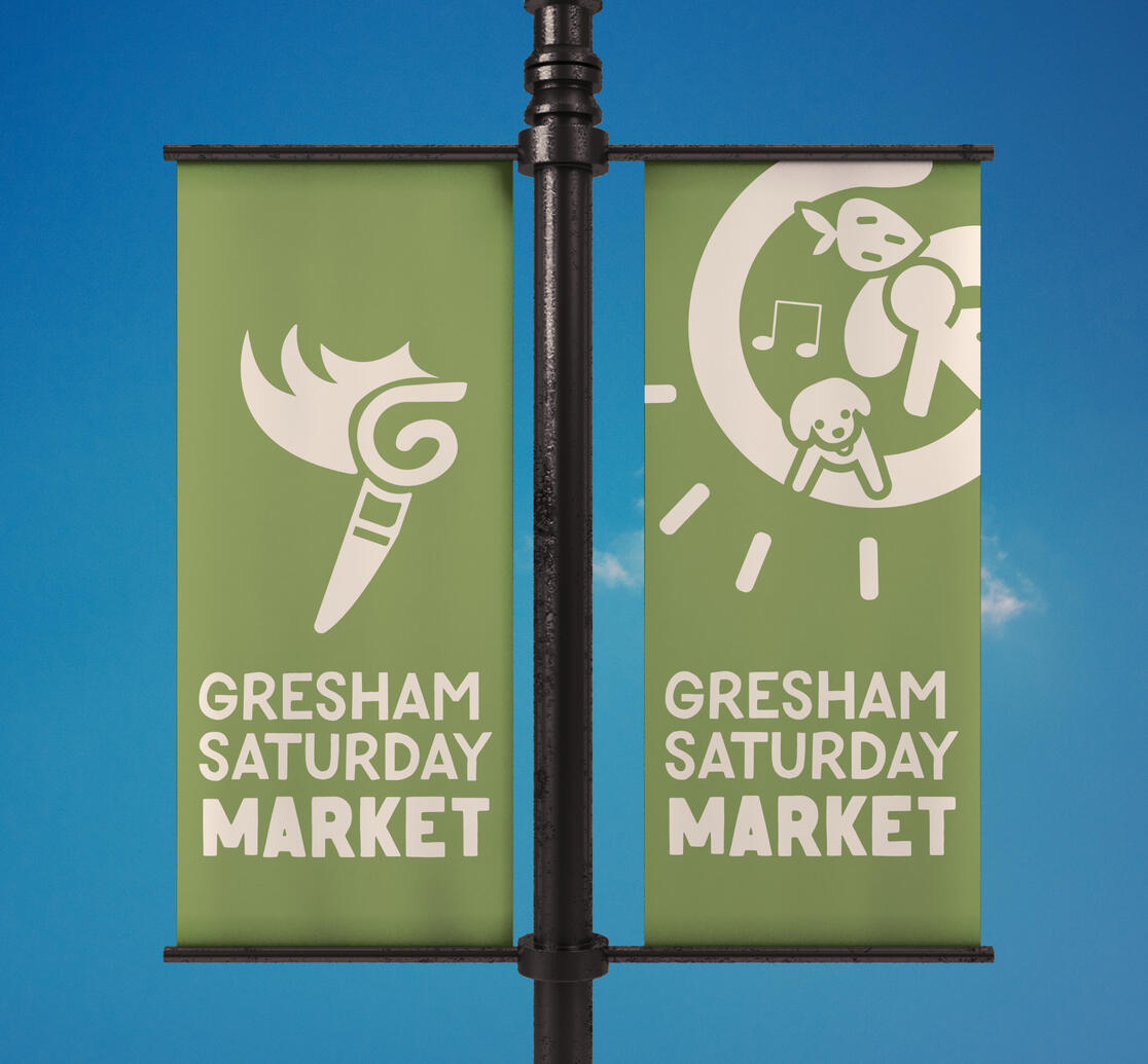 The Gresham Saturday Market branding mocked up onto a lamp post banner.