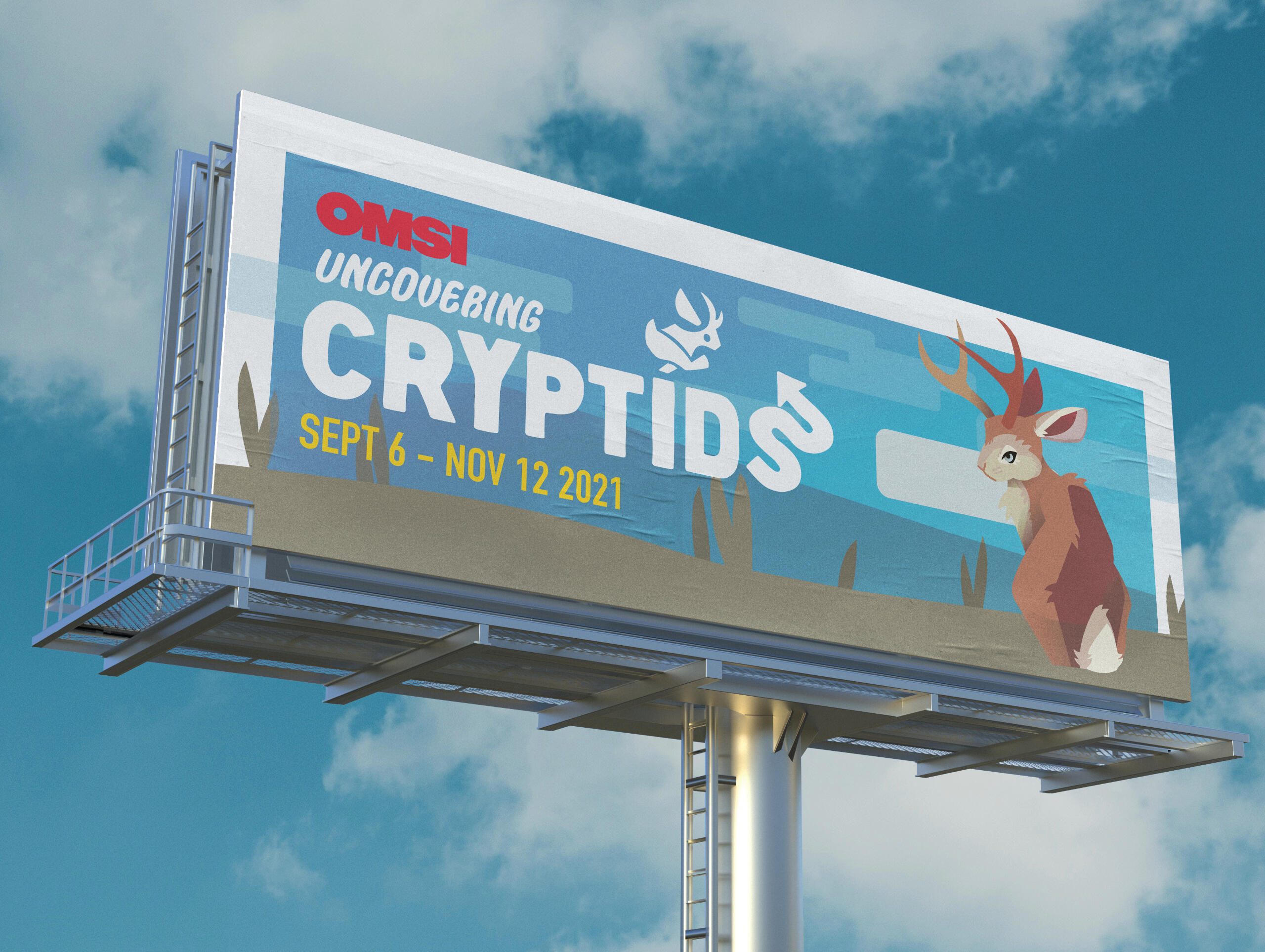 A billboard mockup for the OMSI: Uncovering Cryptids exhibit