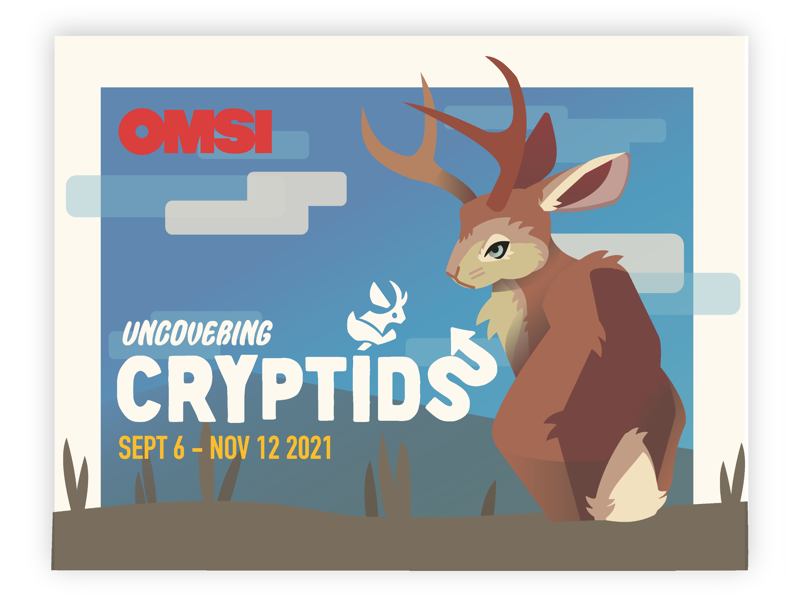 The front of a postcard-style mailer for the OMSI: Uncovering Cryptids exhibit