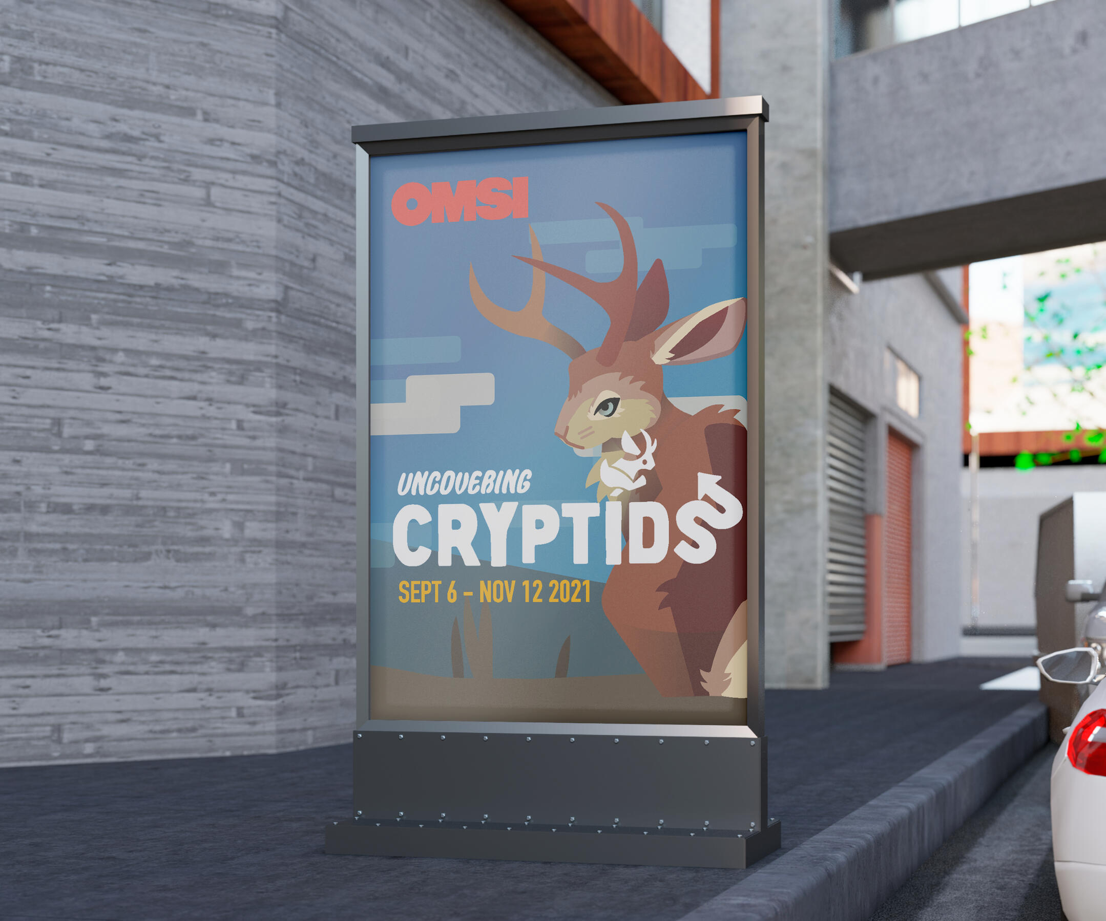 A billboard mockup for the OMSI: Uncovering Cryptids exhibit