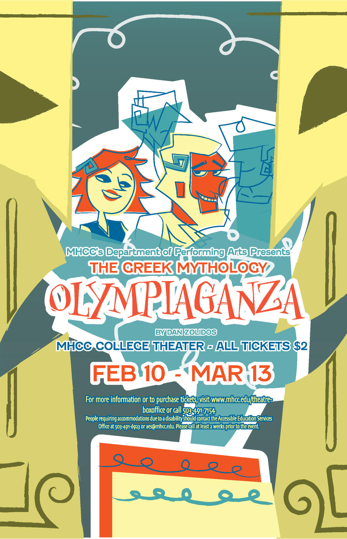 The poster done for the Olympiaganza play, depicting cartoon caricatures of its characters.