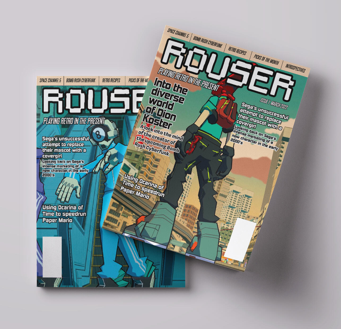 The front covers of the theoretical 'Rouser' magazine.